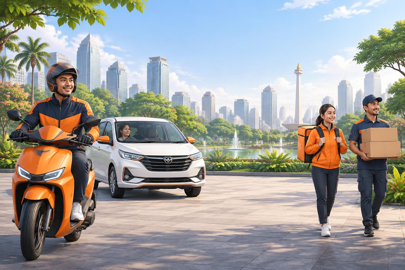 Ekosistem LYZA dengan driver motor, mobil, pengantaran makanan, dan kurir di kota Indonesia