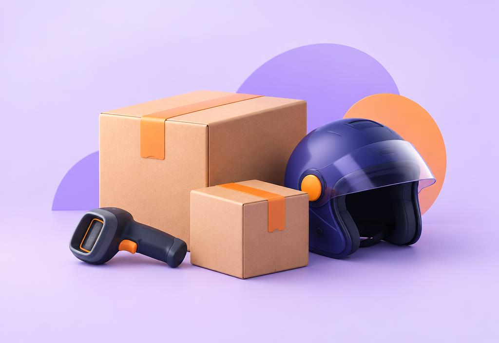 Paket, helm, dan alat pemindai untuk layanan LYZA Kurir